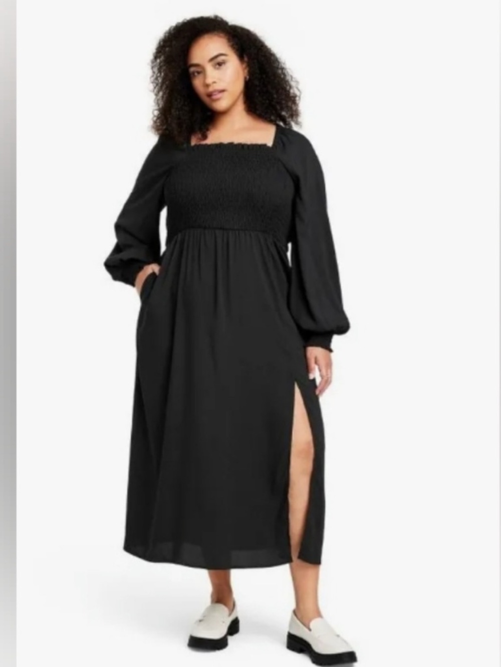La Ligne Black Smocked Square-Neck Midi Dress with Side Slit